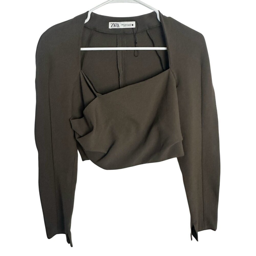 ZARA Medium Draped Long Sleeve Square Neck Crop Top Brown